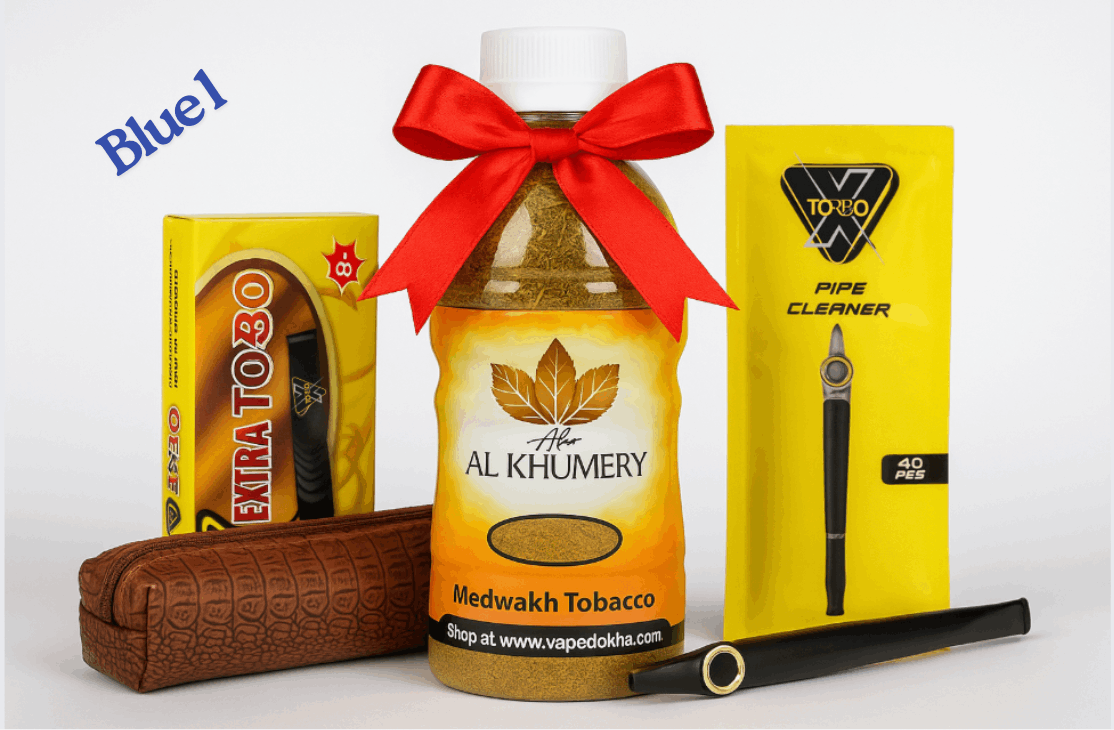 Dokah Tobacco product set with Al Khumery bottle, pipe, and packaging on a white background. Vape Dokha UAE