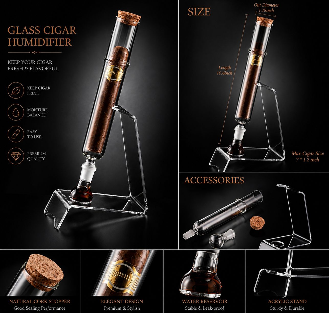 Premium glass cigar humidifier tube with acrylic stand