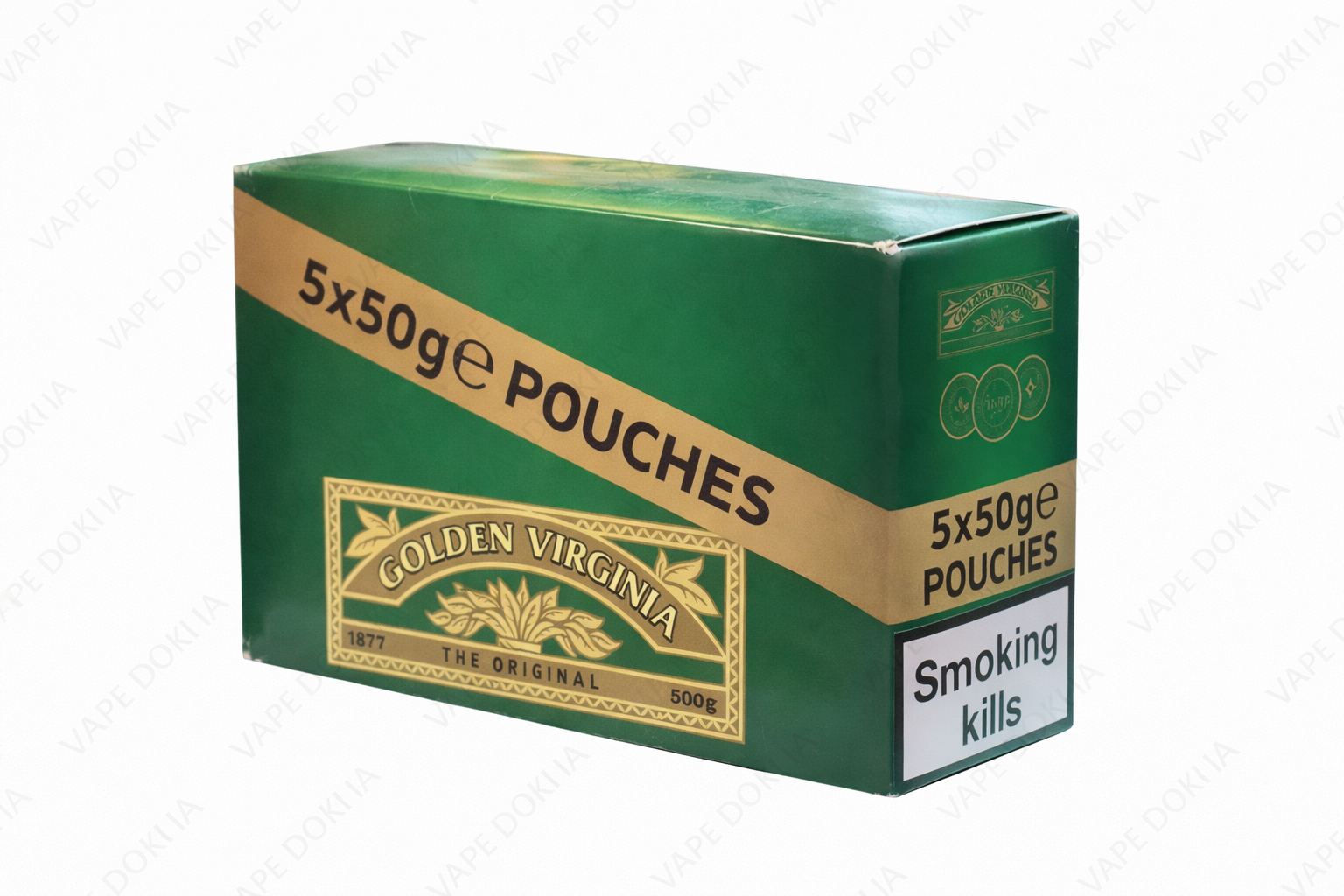 Green and gold packaging of Golden Virginia tobacco box  on a white background vape dokha uae 