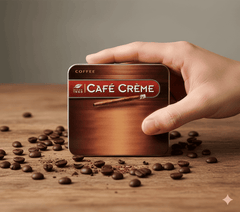 Hand holding a Café Crème coffee cigar tin with coffee beans on a wooden surface. Vape Dokha UAE