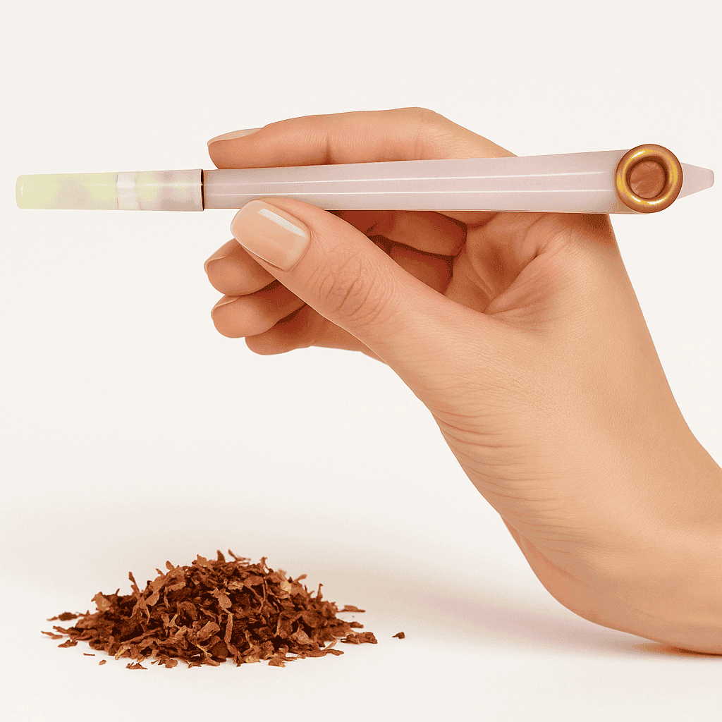 Hand holding a pink mewakh pipe with tobacco on a white background. vape dokha UAE