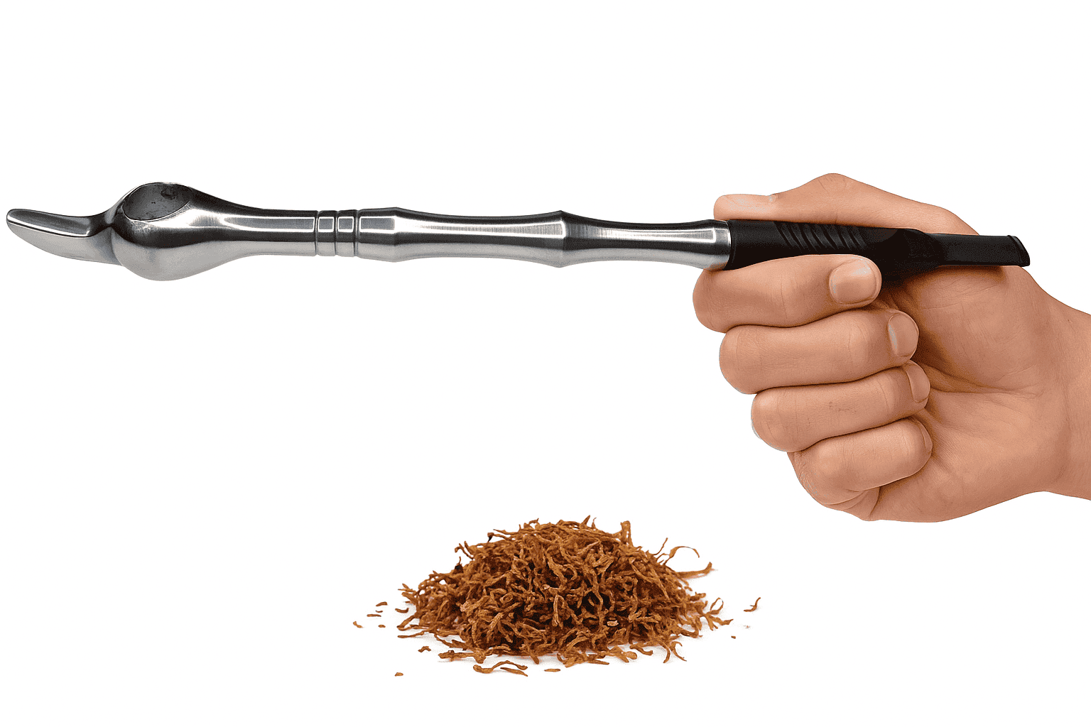 Hand holding a steel medwakh pipe over a pile of tobacco leaves on a white background. vape dokah UAE
