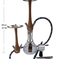 Hookah with wooden stem and black and white hose, dimensions indicated. Vape Dokha UAE