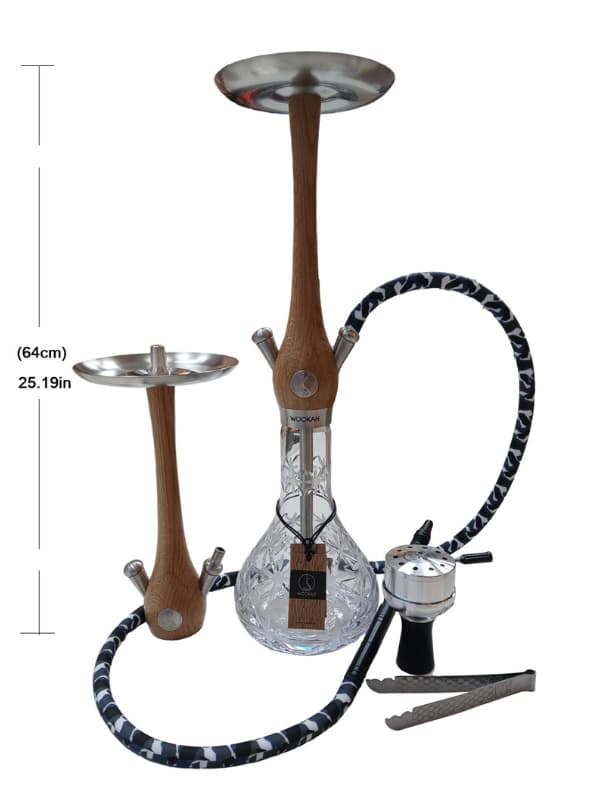 Hookah with wooden stem and black and white hose, dimensions indicated. Vape Dokha UAE