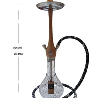 Hookah with wooden stem and clear glass base, featuring measurement details on a white background. Vape Dokha UAE