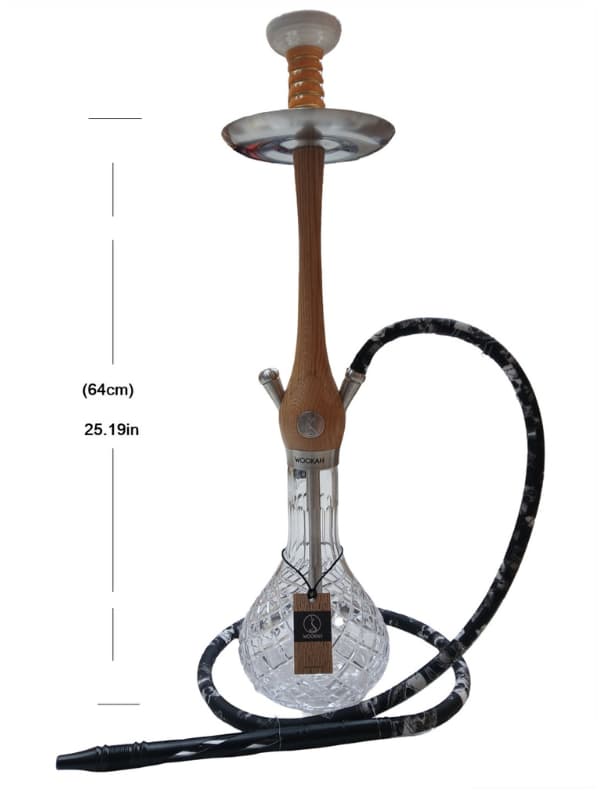Hookah with wooden stem and clear glass base, featuring measurement details on a white background. Vape Dokha UAE