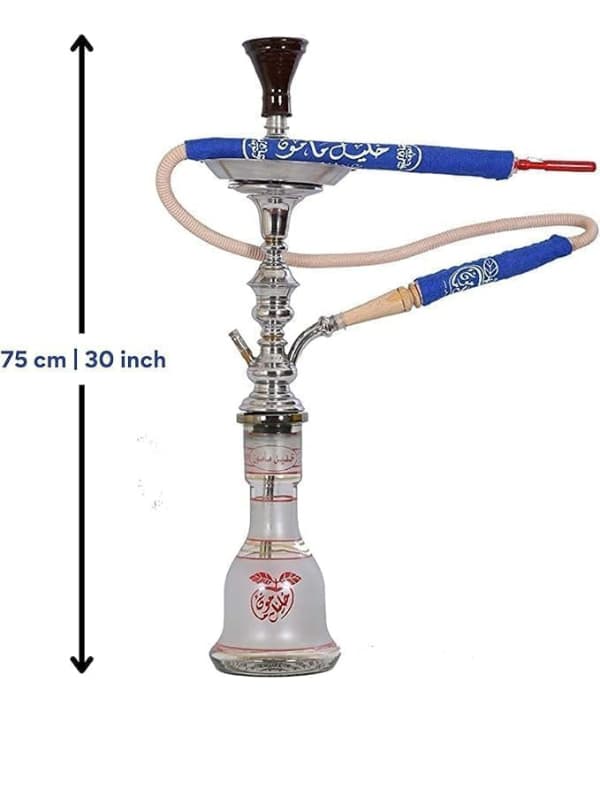 Khalil Mamoon Hookah with measurement details on a white background . Vape Dokha UAE