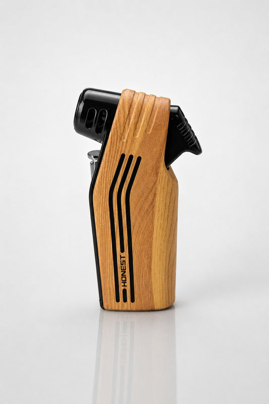 Honest luxury torch lighter with wood-grain metallic finish