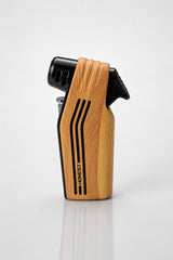 Honest luxury torch lighter with wood-grain metallic finish
