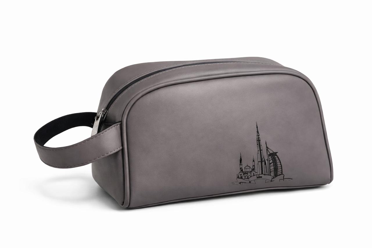 Grey leather medwakh pouch zip