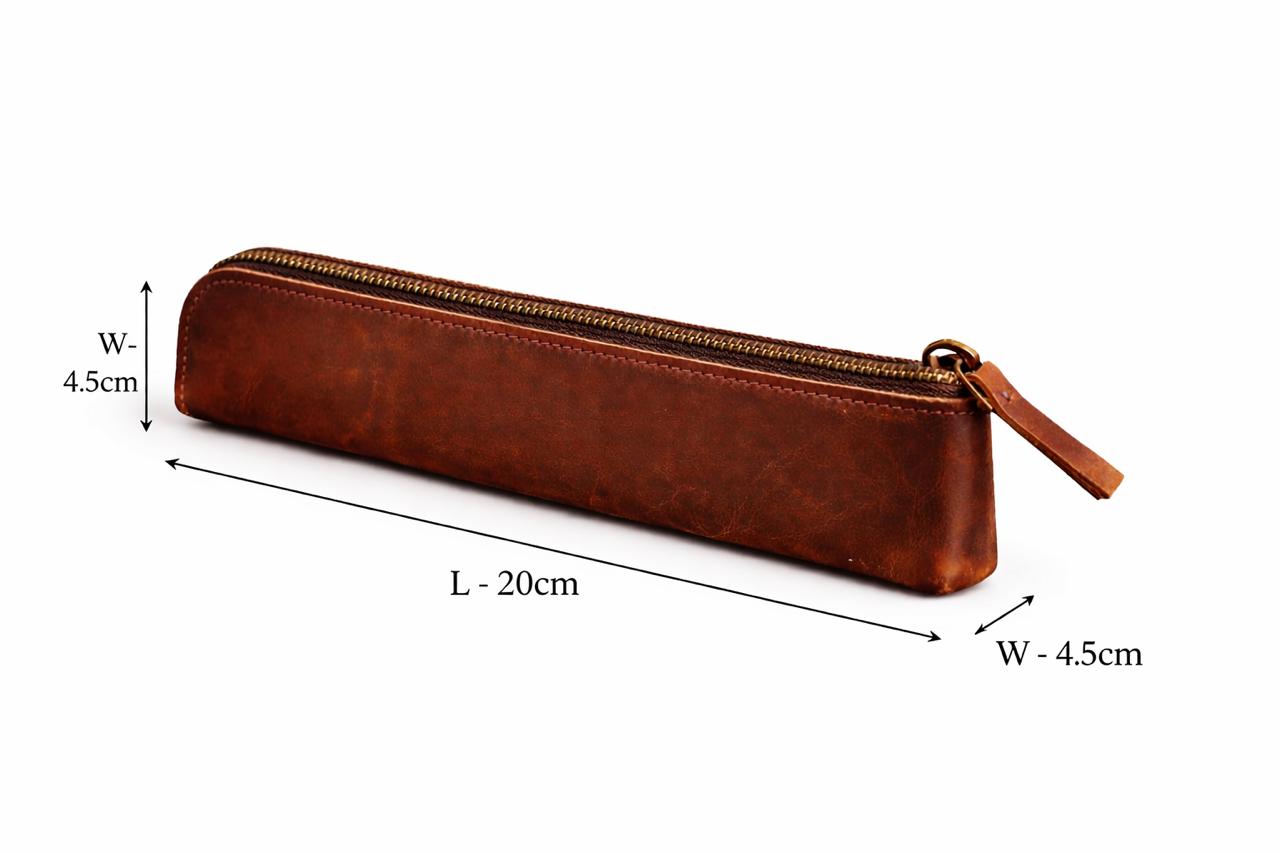 Slim cognac brown leather medwakh pouch brass zip