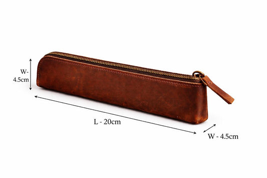 Slim cognac brown leather medwakh pouch brass zip