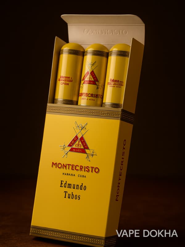 Montecristo Edmundo Tubos vape dokha packaging on a dark background. Vape Dokha UAE