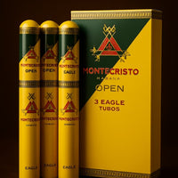 Montecristo Habana Cigar vape dokha packaging with three yellow tubes and a box on a dark background.