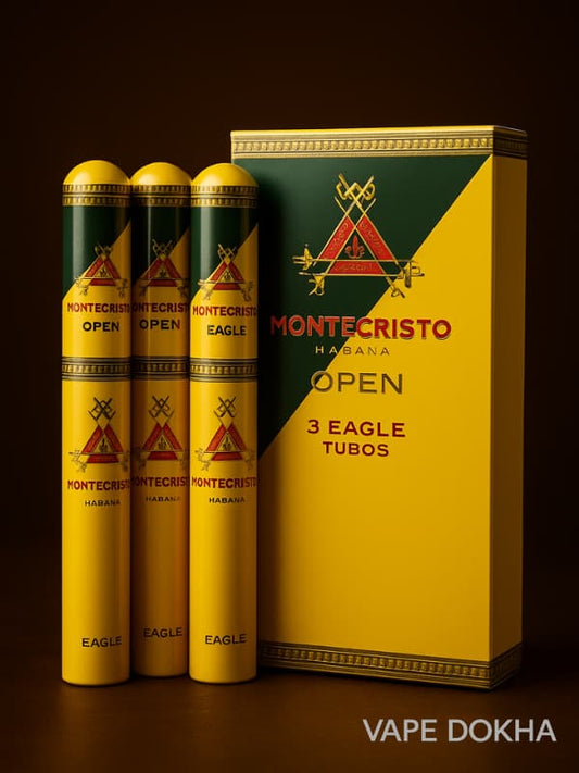 Montecristo Habana Cigar vape dokha packaging with three yellow tubes and a box on a dark background.