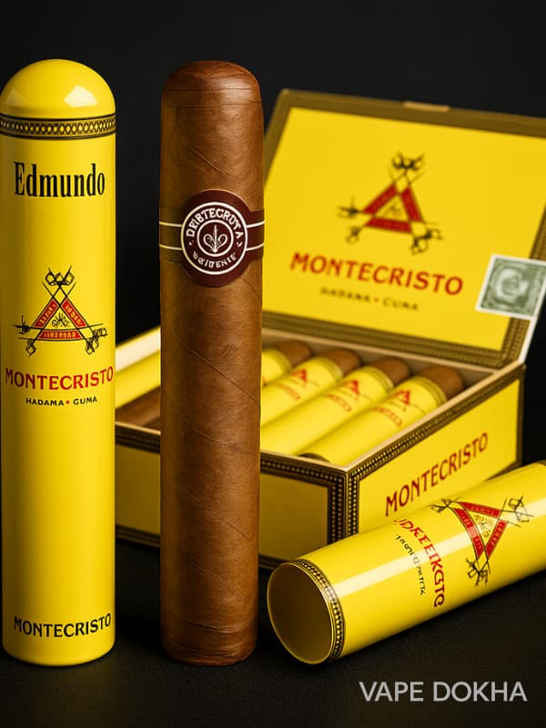 Montecristo cigars with yellow tubes and box on a dark background. Vape Dokha UAE
