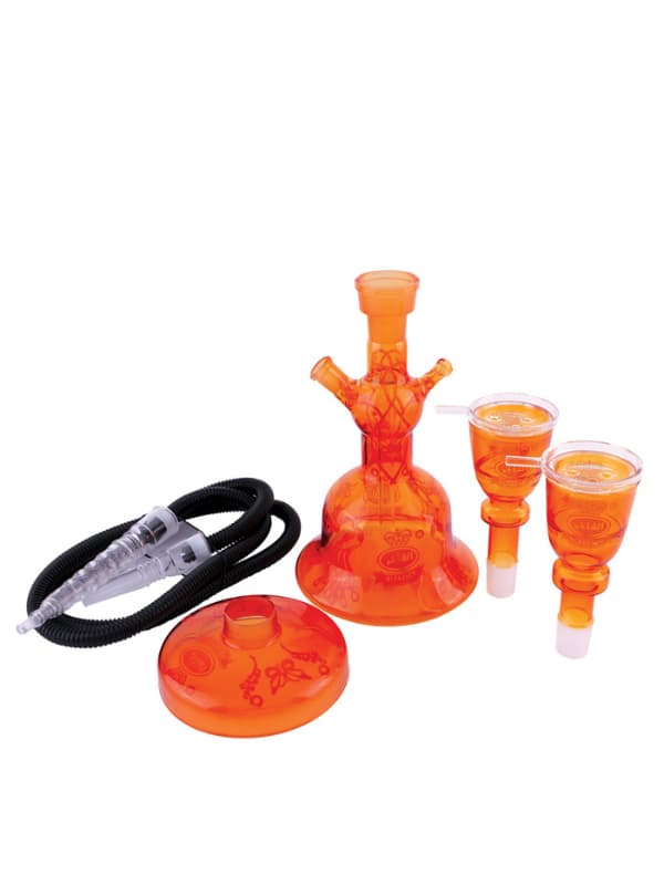 Orange Al fakher hookah set with two cups and a hose on a white background . Vape Dokha UAE