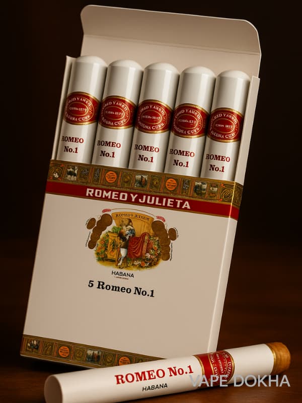 Pack of Romeo y Julieta Romeo No. 1 cigars on a dark background. Vape Doka UAE