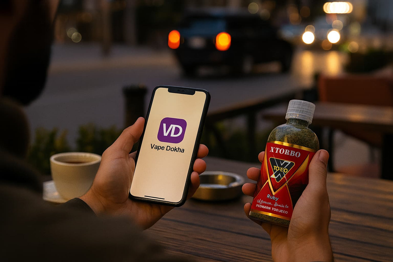 Person holding a phone with Vape dokha app and a bottle of Xtorbo at a table outdoors. Vape Dokha UAE
