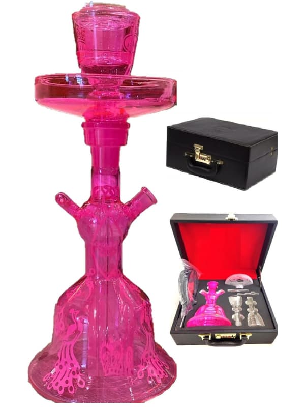 Pink Alfakher  hookah with black carrying case on a white background . Vape Dokha UAE