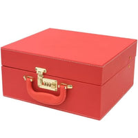Red Al fakher hookha box with a gold handle and clasp on a white background. Vae Dokha UAE