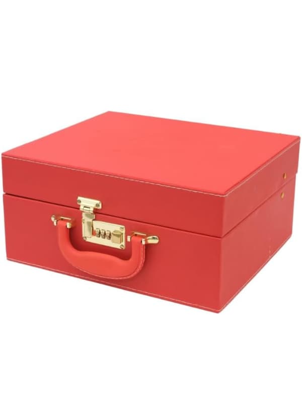 Red Al fakher hookha box with a gold handle and clasp on a white background. Vae Dokha UAE