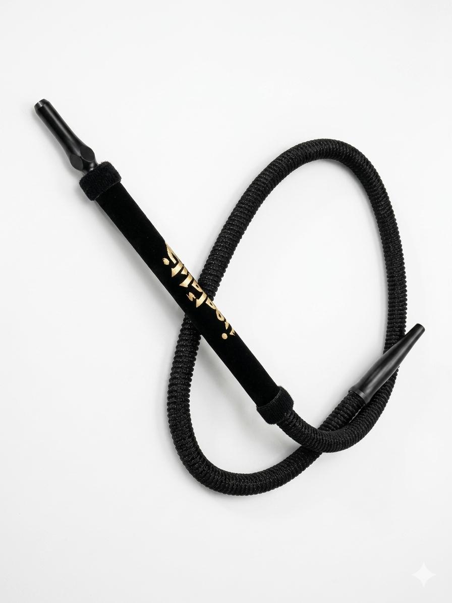 Black braided hookah hose with velvet stem, gold Arabic calligraphy and black metal mouthpiece