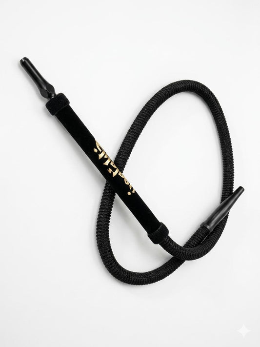 Black braided hookah hose with velvet stem, gold Arabic calligraphy and black metal mouthpiece