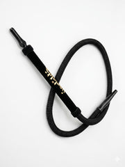 Black braided hookah hose with velvet stem, gold Arabic calligraphy and black metal mouthpiece