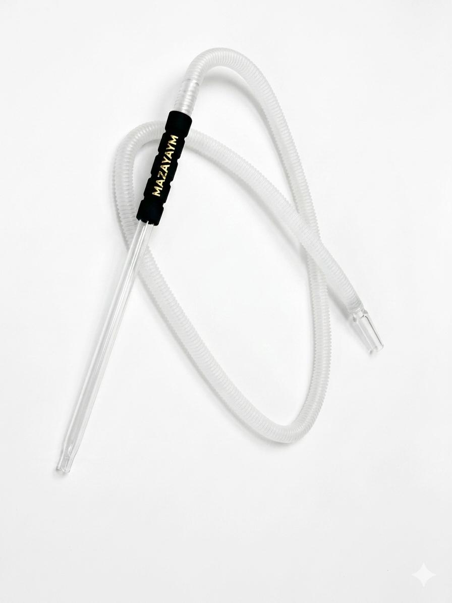 Mazayaym clear transparent hookah hose with black and gold branded handle grip and glass mouthpiece