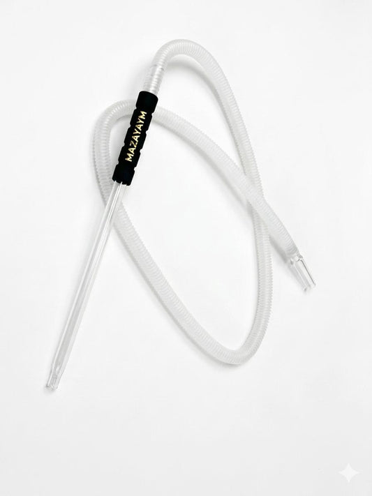 Mazayaym clear transparent hookah hose with black and gold branded handle grip and glass mouthpiece