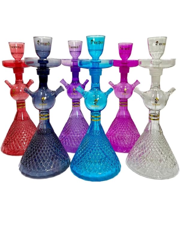 Set of colorful glass Rich man hookahs on a white background. VAPE Dokha UAE