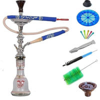 Shisha set with hose, accessories, and cleaning brush on a white background. Vape Dokha UAE