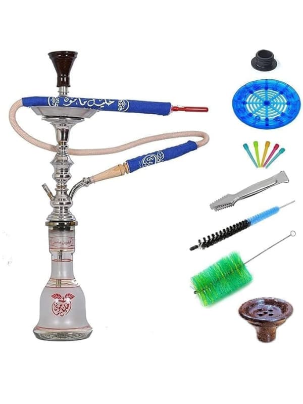 Shisha set with hose, accessories, and cleaning brush on a white background. Vape Dokha UAE