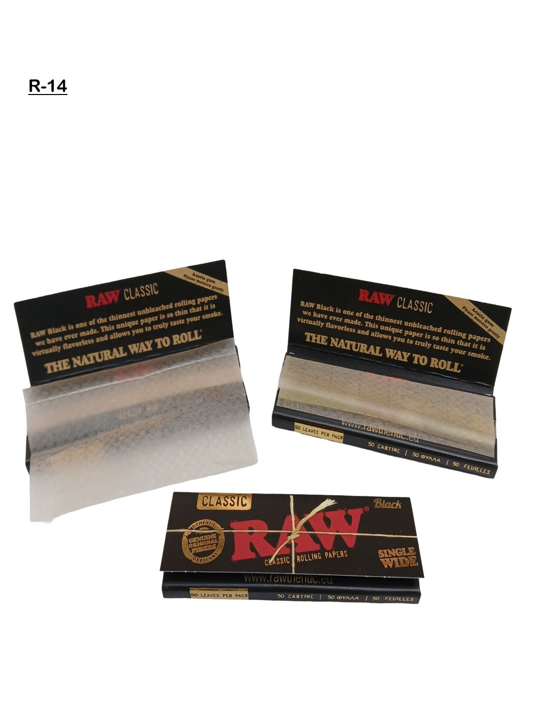 Three packages of Raw rolling paper on a white background.vape dokha uae