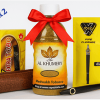 Tobacco product set with a bottle, packaging, and accessories on a white background . Vape Dokha UAE