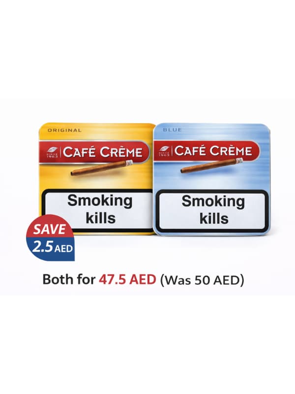 Two packages of Café Crème cigarettes with promotional text on a white background | Vape dokha