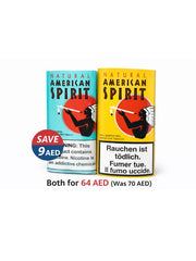 Two packs of Natural American Spirit tobacco with promotional text on a white background.vape dokha uae 