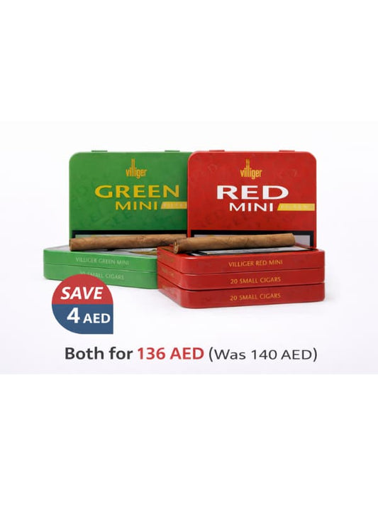 Two packs of Villiger mini cigars, one green and one red, with a promotional savings label on a white background.vape dokah uae