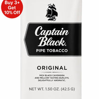 Captain Black pipe tobacco packaging with a black ship logo on a white background