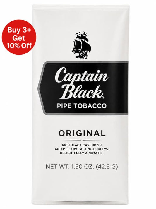 Captain Black pipe tobacco packaging with a black ship logo on a white background