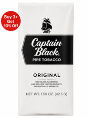 Captain Black pipe tobacco packaging with a black ship logo on a white background