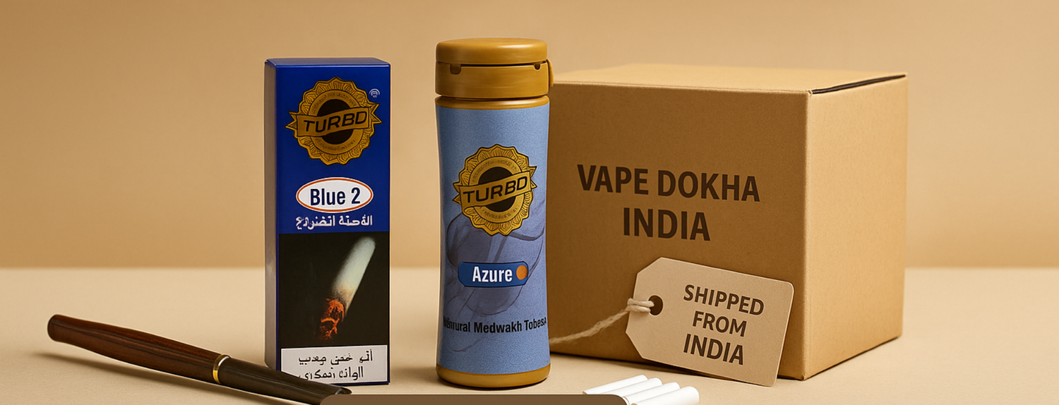 Vape_Dokha_UAE_banner_showing_Turbo_Blue 2_and_Azure_Dokha_bottles_beside_a_Medwakh_and_a_delivery_box_labeled _Shipped_from_India_Premium_Emirati_blends_for_Indian_customers.