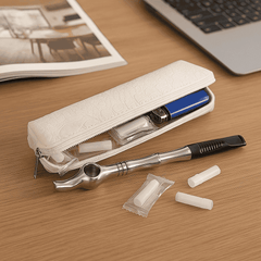 White medwakh Pouch with tools on a wooden surface next to a laptop and newspaper. vape dokah UAE
