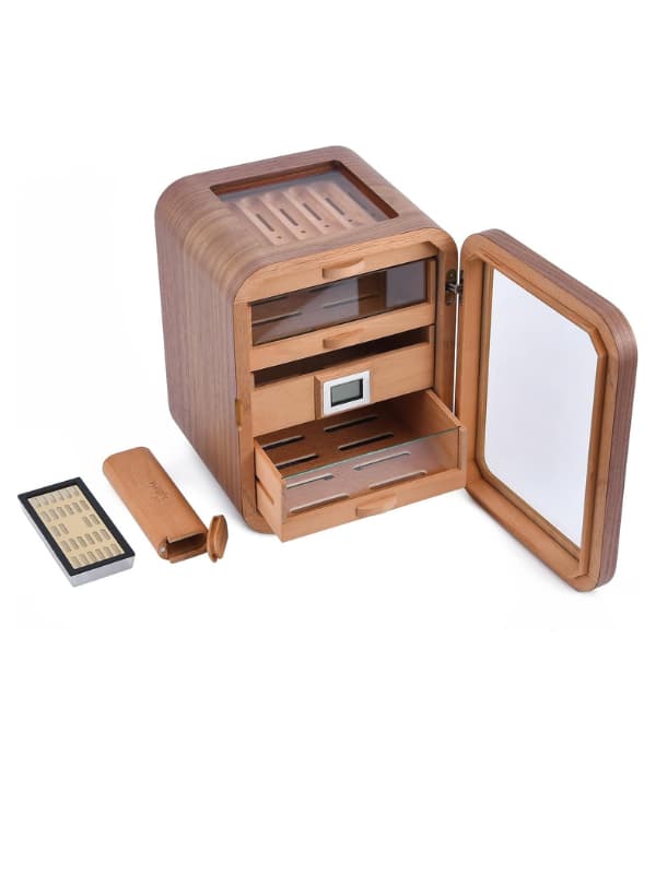 Wooden cigar humidor with accessories on a white background. Vape Dokha UAE