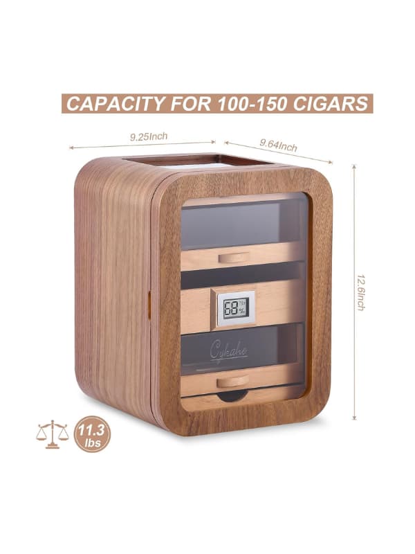 Wooden humidor with dimensions and capacity details on a white background. Vape Dokha UAE