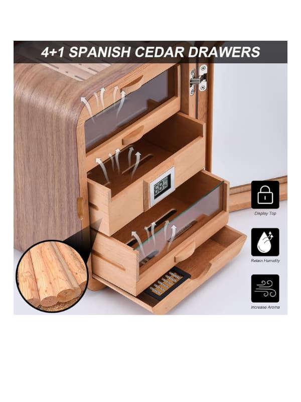 Wooden jewelry box with open drawers displaying jewelry, labeled '4+1 Spanish Cedar Drawers'. Vape Dokha UAE