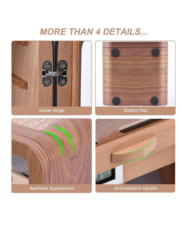 Wooden product with labeled details on inside hinge, bottom pad, aesthetic appearance, and anti-oxidation handle. Vape Dokha UAE