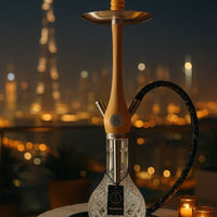 Wookha Hookah with a cityscape in the background . Vape Dokha UAE