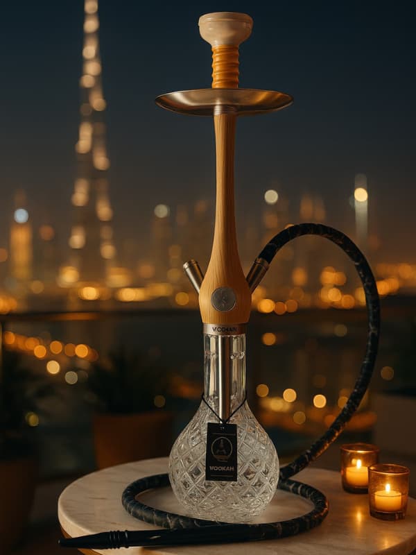 Wookha Hookah with a cityscape in the background . Vape Dokha UAE